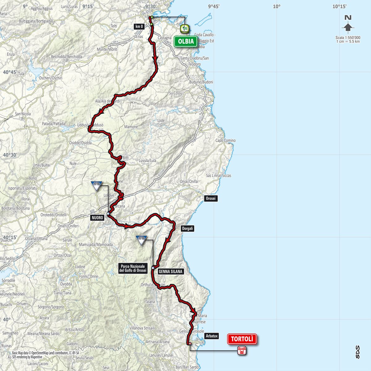 Map of stage 2 of the 2017 Giro d'Italia.