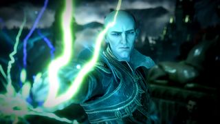 Dragon Age: The Veilguard screenshot showing Solas, a pale bald Elven mage, wielding lightning-like powers while grimacing