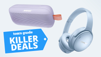 Silos of Bose SoundLink Flex speaker in purple and headphones in blue with killer deals badge