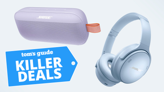 Silos of Bose SoundLink Flex speaker in purple and headphones in blue with killer deals badge