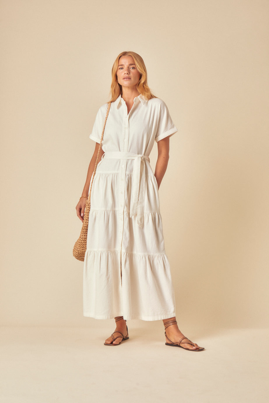 White Denim Ester Tiered Shirt Dress