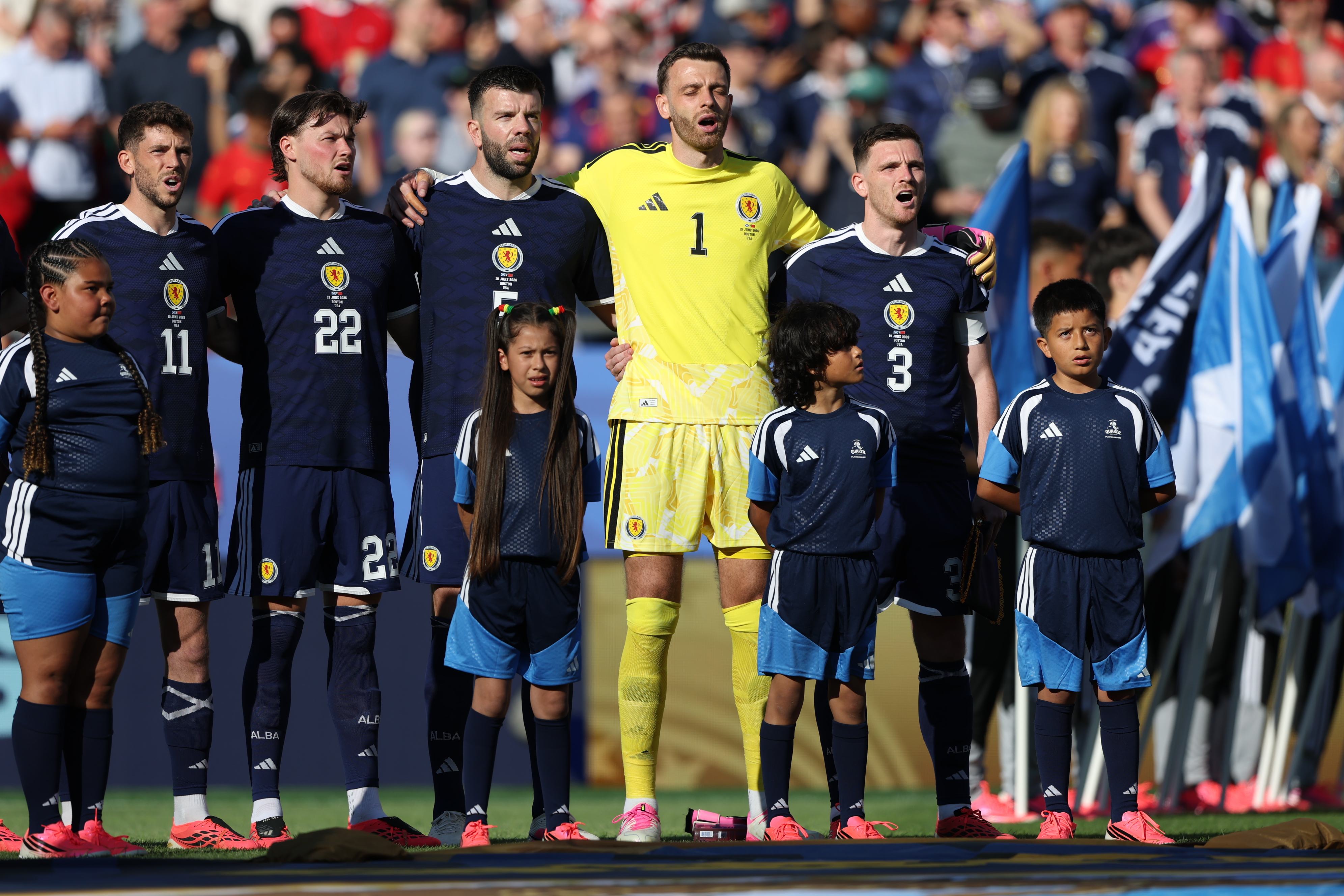 FOXBOROUGH, UNITED STATES - JUNE 19: Scotland&amp;amp;apos;s Ryan Christie, Nathan Patterson, Grant Hanley, Angus Gunn and Andy Robertson during a 2026 FIFA World Cup Group C match