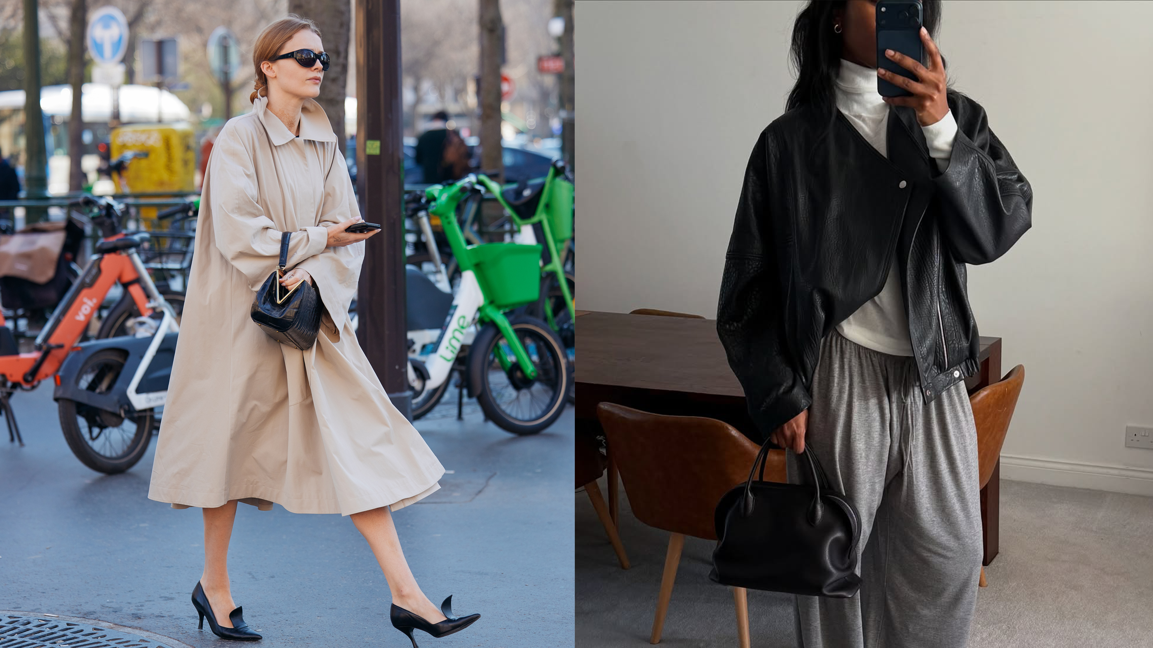 a Paris street style image featuring a trench coat and black handbag and a selfie of @nlmarilyn carrying The Row Agnes Bag