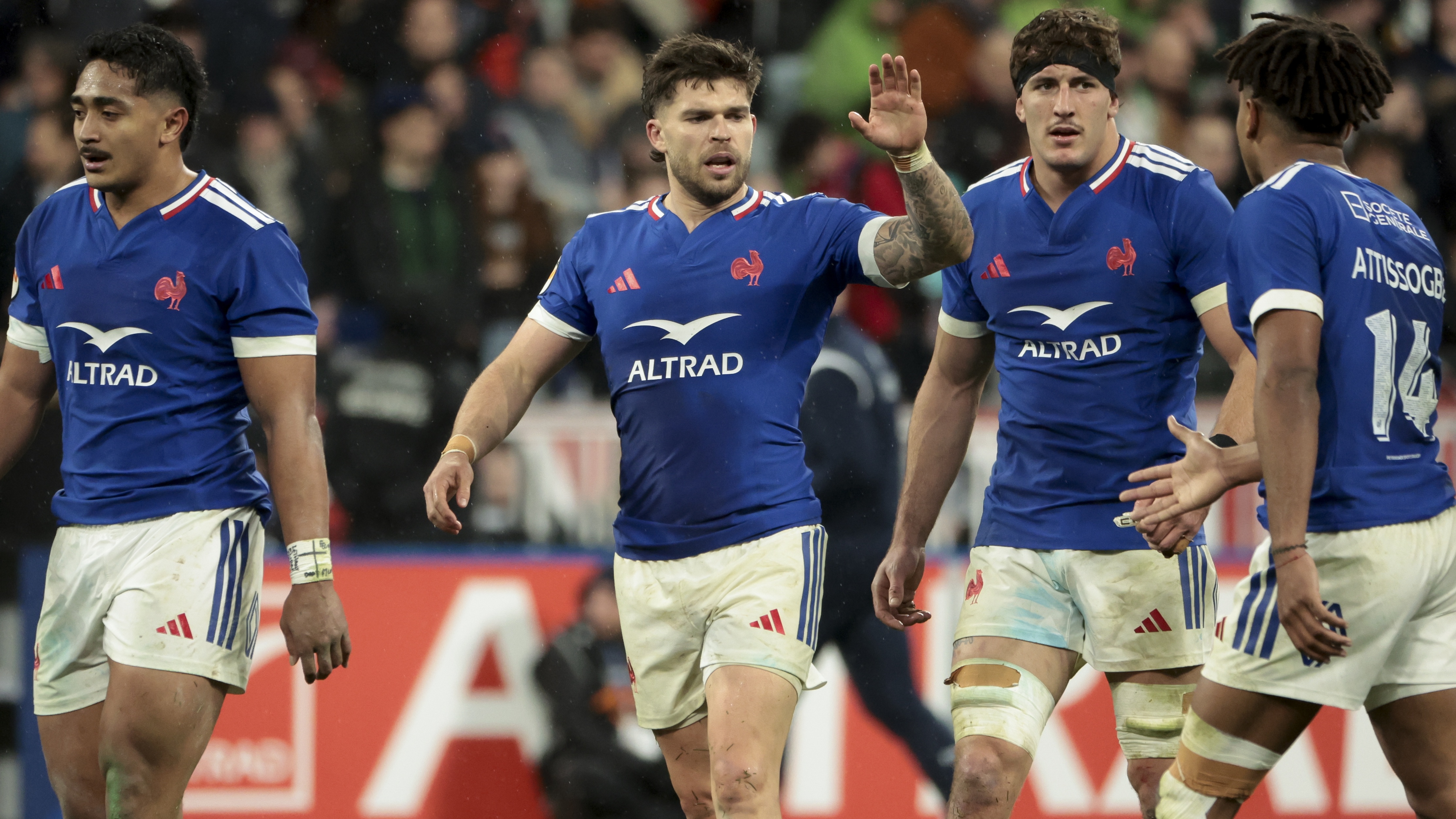Matthieu Jalibert of France celebrates his try with Oscar Jegou, Theo Attissogbe, left Yoram Moefana during the Guinness Six Nations 2026 rugby match between France and Ireland at Stade de France on February 5, 2026 in Saint-Denis near Paris, France. 