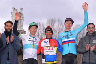 AIXENPROVENCE FRANCE FEBRUARY 16 Podium Alexey Lutsenko of Kazakhstan and Team Astana Pro Team Nairo Quintana of Colombia and Team Arka Samsic Multicolour Leader Jersey Aleksandr Vlasov of Russia and Team Astana Pro Team Celebration during the 5th Tour de La Provence 2020 Stage 4 a 1705km stage from Avignon to AixEnProvence TDLP letourdelaprovence TDLP2020 on February 16 2020 in AixEnProvence France Photo by Luc ClaessenGetty Images