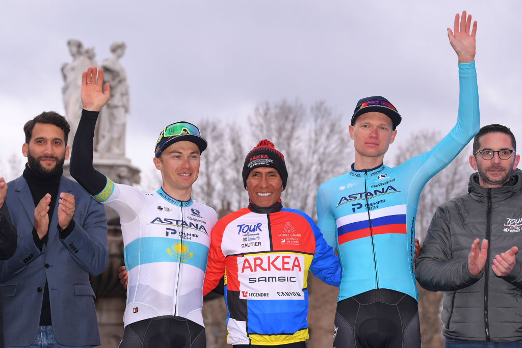 AIXENPROVENCE FRANCE FEBRUARY 16 Podium Alexey Lutsenko of Kazakhstan and Team Astana Pro Team Nairo Quintana of Colombia and Team Arka Samsic Multicolour Leader Jersey Aleksandr Vlasov of Russia and Team Astana Pro Team Celebration during the 5th Tour de La Provence 2020 Stage 4 a 1705km stage from Avignon to AixEnProvence TDLP letourdelaprovence TDLP2020 on February 16 2020 in AixEnProvence France Photo by Luc ClaessenGetty Images