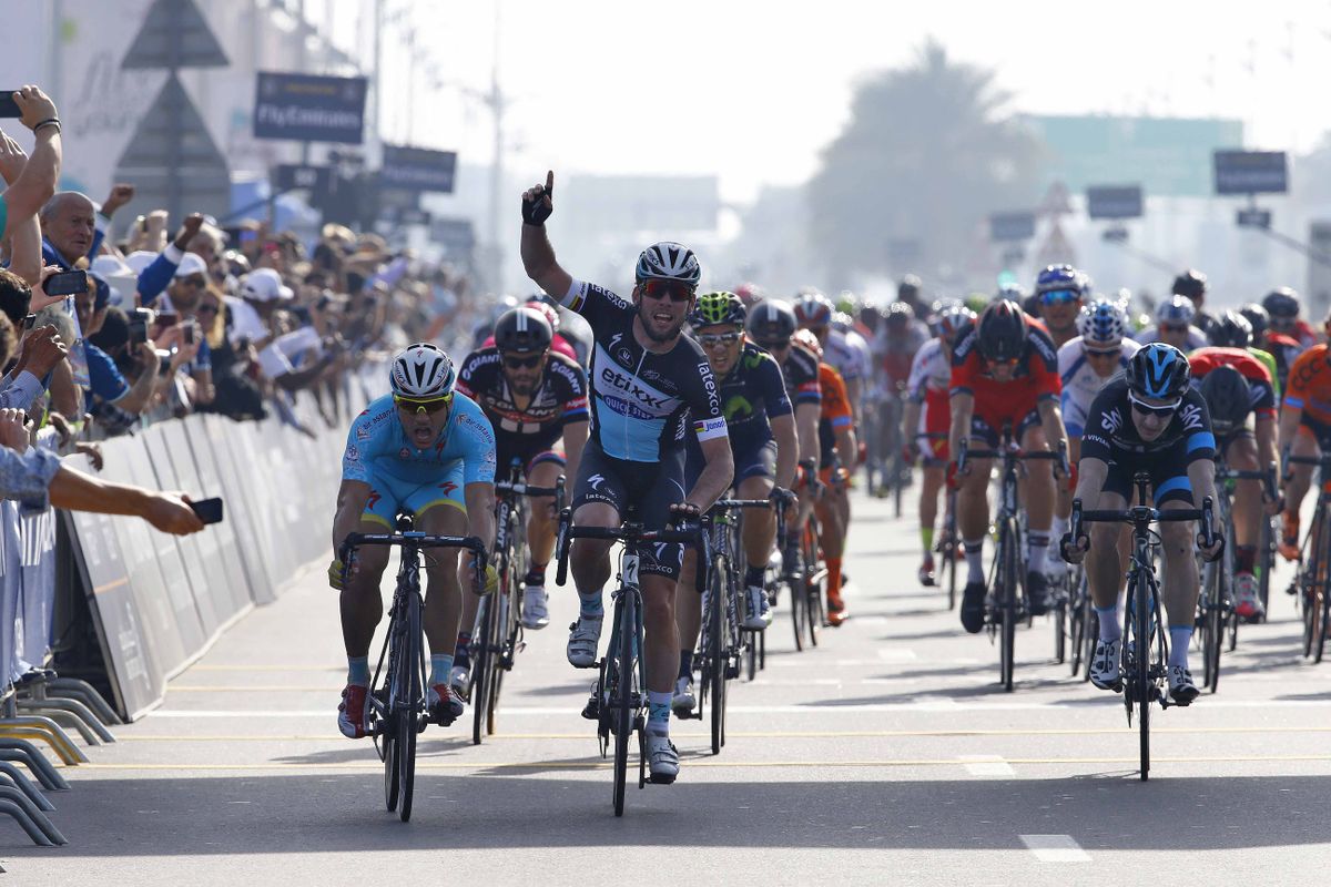 Mark Cavendish (Etixx-QuickStep) celebrates victory on stage 1 of the Dubai Tour.