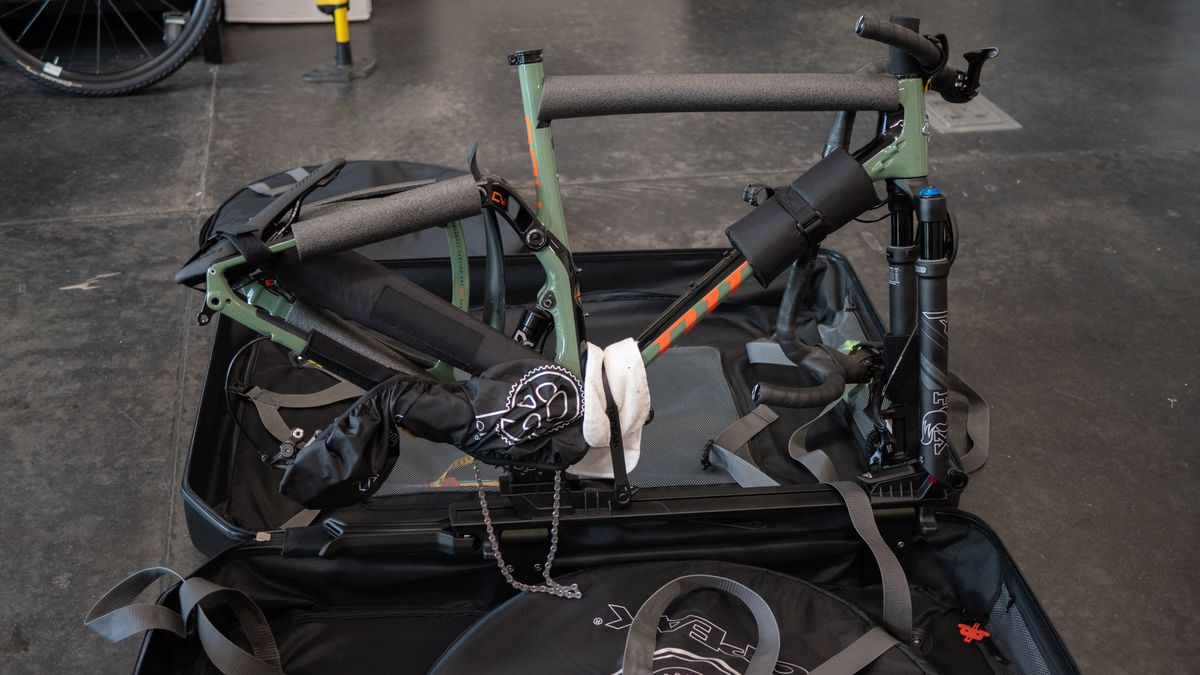 Topeak Pakgo X Bike Carrier bike on stand mounted to bag