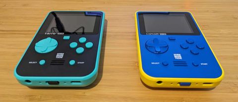 Super Pocket review; two handheld retro consoles, one blue and one yellow