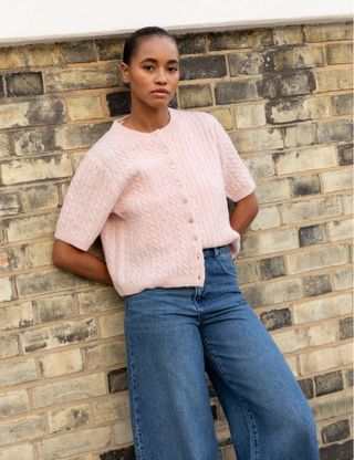 Pink Cable Knit Short Sleeve Cardigan