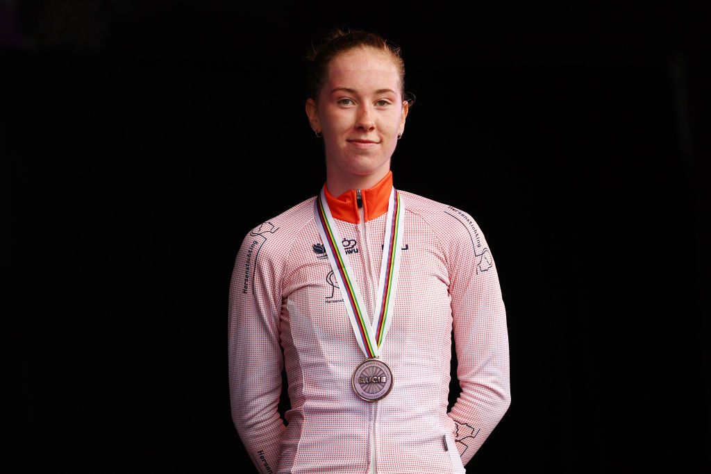 WOLLONGONG AUSTRALIA SEPTEMBER 24 Bronze medalist Nienke Vinke of The Netherlands poses on the podium during the medal ceremony after the 95th UCI Road World Championships 2022 Women Junior Road Race a 672km one day race from Helensburgh to Wollongong Wollongong2022 on September 24 2022 in Wollongong Australia Photo by Con ChronisGetty Images