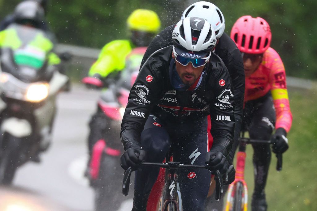 Team Soudal-Quick Step's French rider Julian Alaphilippe rides in a breakaway during the 16th stage of the 107th Giro d'Italia cycling race, 206km between Livigno and Santa Cristina Val Gardena on May 21, 2024. (Photo by Luca Bettini / AFP)
