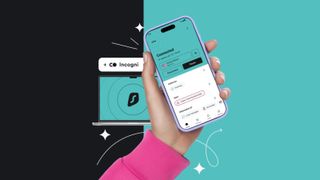 A close up of somebody holding a smartphone with Surfshark VPN interface with an illustration of a laptop behind with Surfshark's logo.