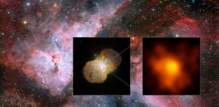 A mosaic showing the Carina Nebula (left), which hosts the Eta Carinae star system. Image obtained by the MPG/ESO 2.2-meter telescope at ESO's La Silla Observatory. At middle, are the two distinctive lobes of material surrounding Eta Carinae, called the Homunculus Nebula, taken with ESO's Very Large Telescope. The right image zooms in on the two stars for the best-ever new view, using the Very Large Telescope Interferometer.