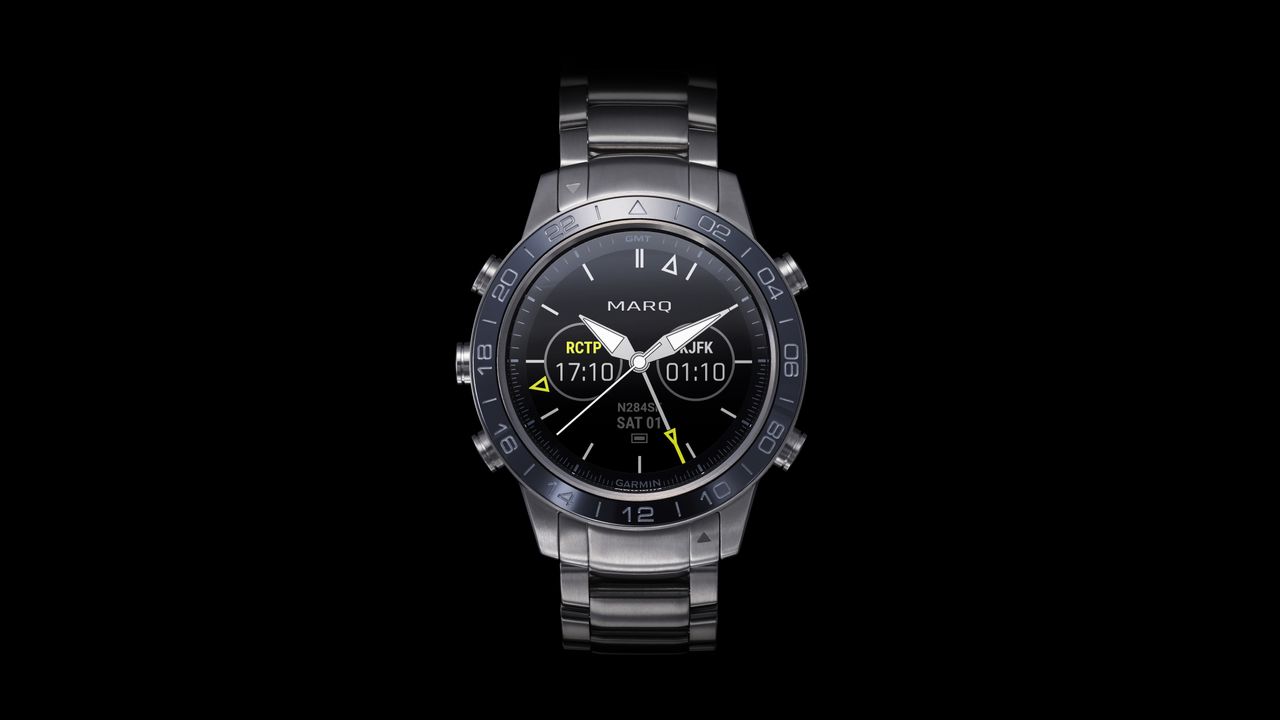 The Marq Aviator is a classic GMT-style watch, with combination of brushed titanium and a polished black ceramic 24 hour-bezel. It's complemented by an aviation inspired multi-link titanium bracelet with &ldquo;swept wing&rdquo; design and micro adjustment which is comfortable on the wrist for in-flight wear and transitions to a stylish timepiece out of the cockpit, too. The GMT bezel gives pilots quick access to multiple timezones, plus two additional time zones represented through local airport codes on the watch face. The Aviator also comes with dedicated aviation features including maps with airport details and advanced safety features such as Direct-To-Navigation, Nexrad Weather Radar, a worldwide airport database and Garmin cockpit integration.