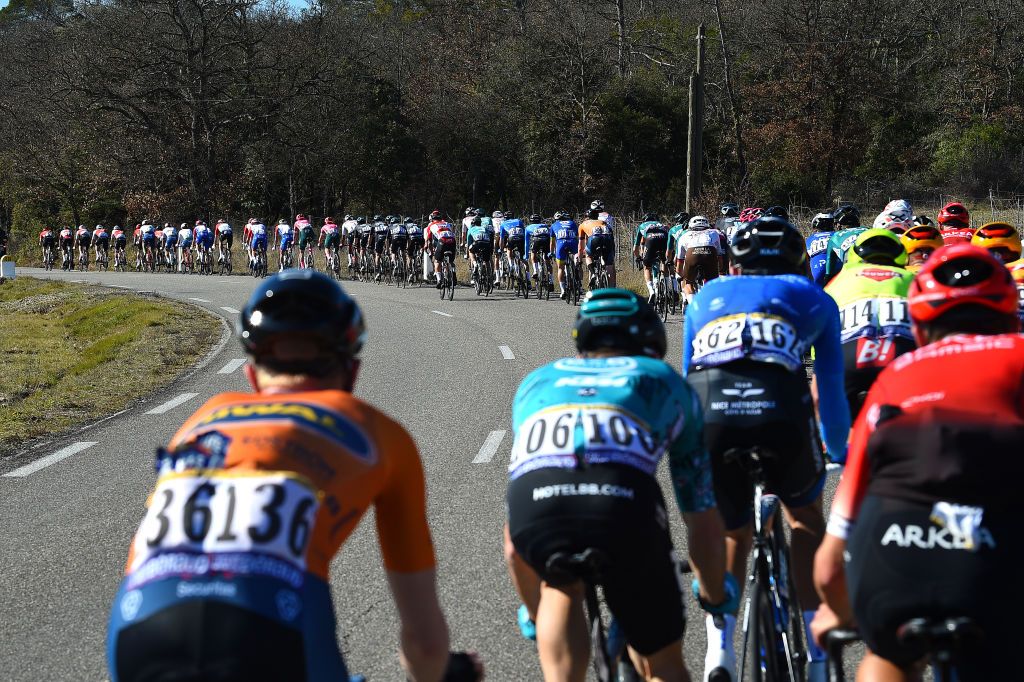 LA SEYNESURMER FRANCE FEBRUARY 18 Detailed view of the peloton compete during the 54th Tour Des Alpes Maritimes Et Du Var 2022 Stage 1 a 176km stage from Saint Raphal to La SeynesurMer TDHV22 on February 18 2022 in La SeynesurMer France Photo by Dario BelingheriGetty Images