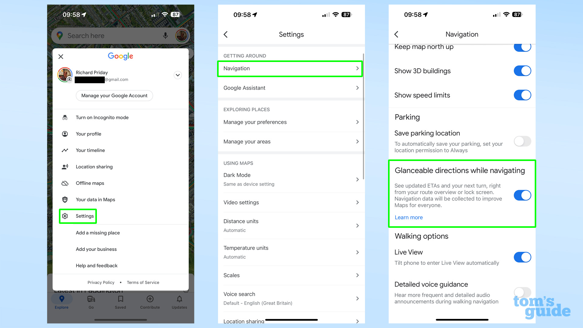 Screenshots showing how to enable the Glanceable Directions setting in Google Maps