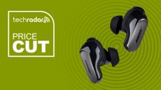 Bose QuietComfort Ultra Earbuds on green banner next to deals sign