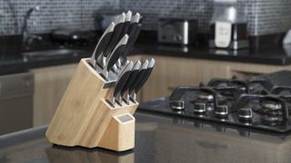 Knife block on kitchen countertop