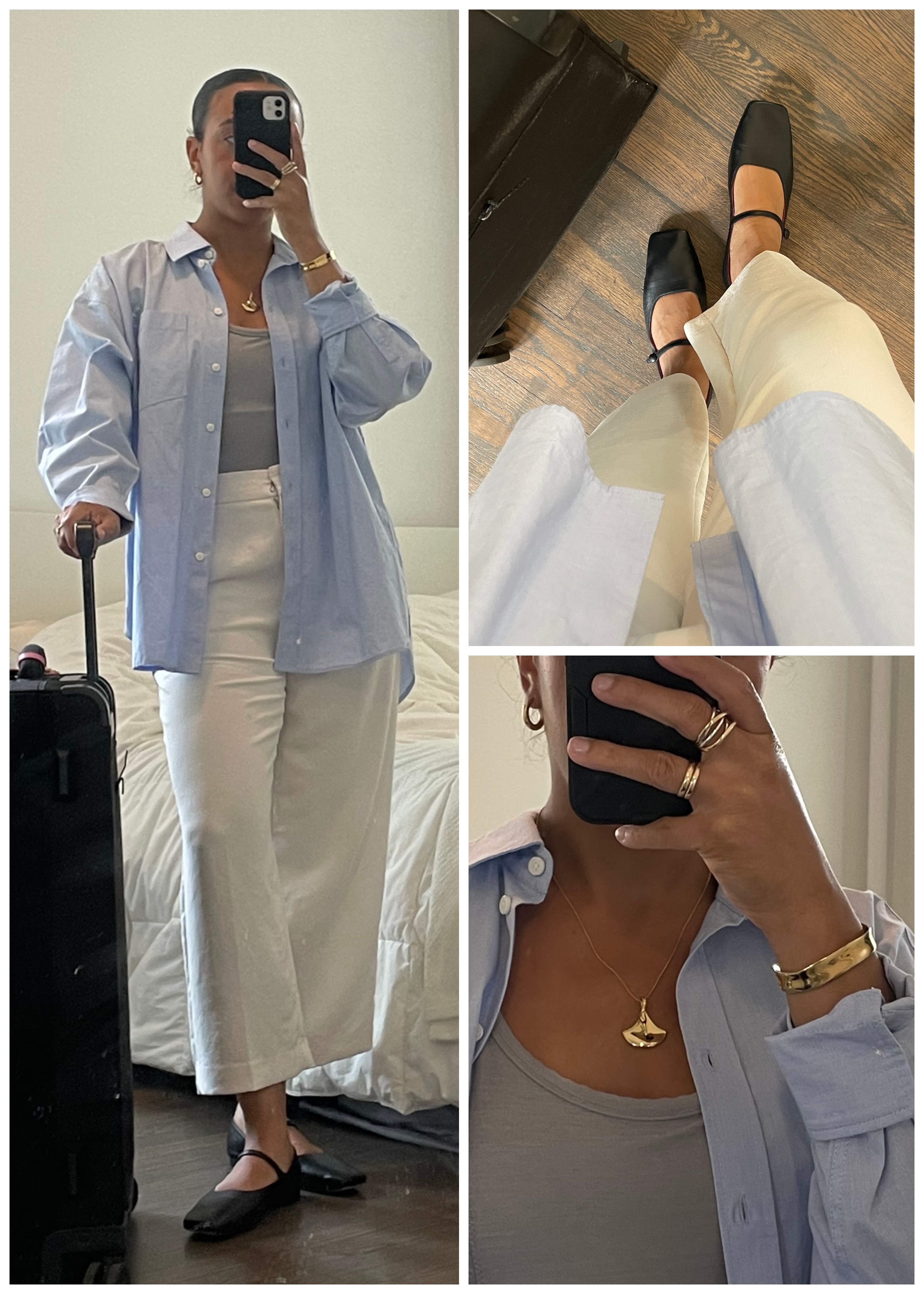 Lauren Tappan wearing a blue button-down, a gray tank, and white pants
