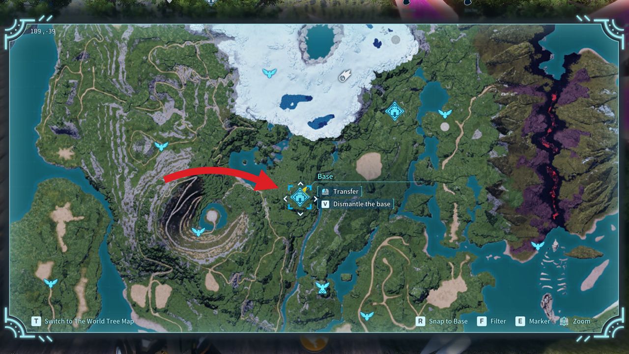 A map showing where to build a base in Palworld for easy ore and coal farming.