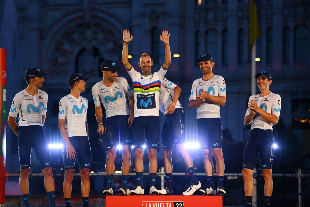 MADRID SPAIN SEPTEMBER 11 Alejandro Valverde Belmonte of Spain and Movistar Team celebrates with his teammates tribute to his farewell to the professional cycling on the podium ceremony after the 77th Tour of Spain 2022 Stage 21 a 967km stage from Las Rozas to Madrid LaVuelta22 WorldTour on September 11 2022 in Madrid Spain Photo by Tim de WaeleGetty Images