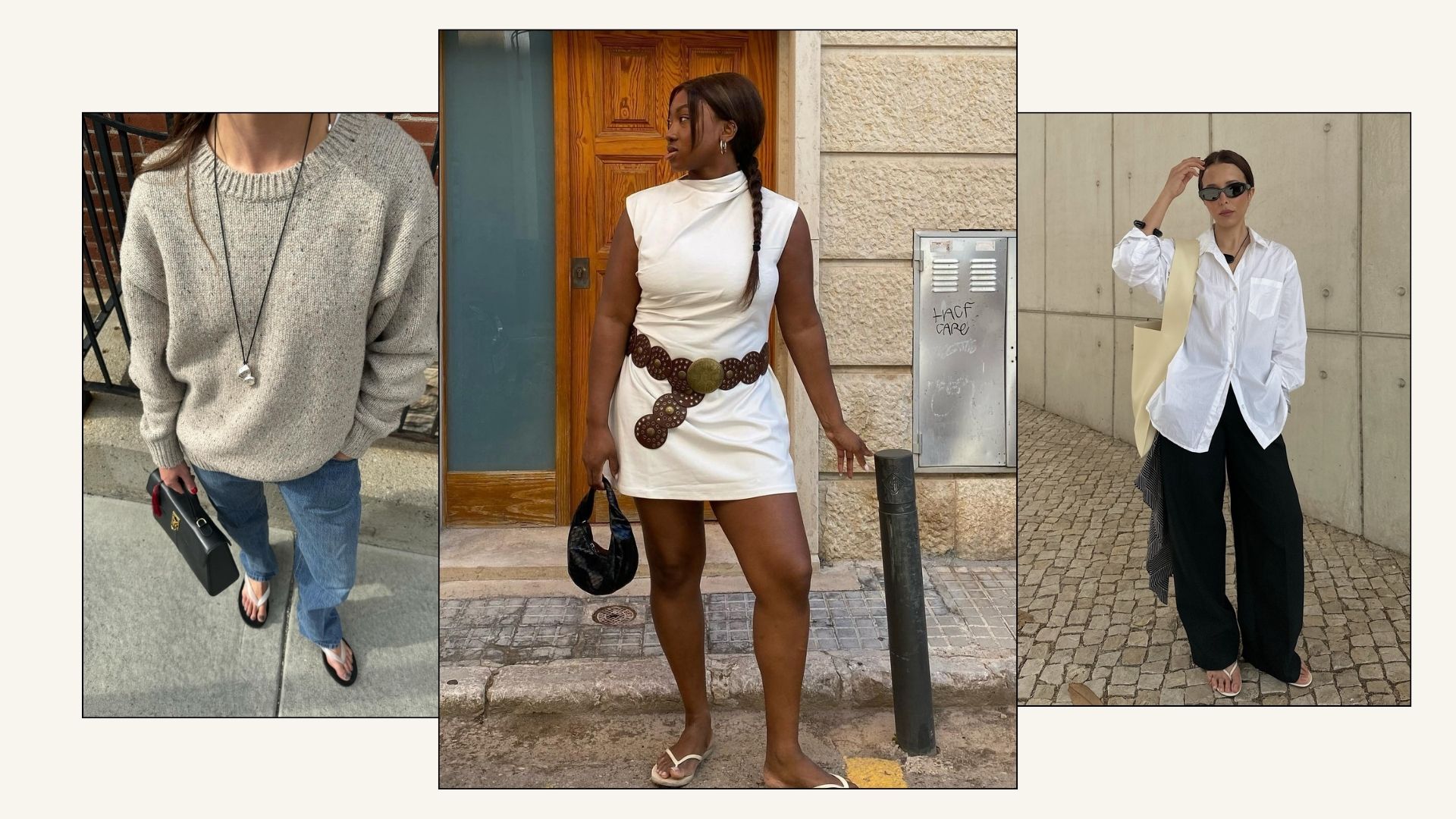 Influencers wear white flip-flops with a jumper and jeans, a white minidress and a white cotton shirt and black trousers.