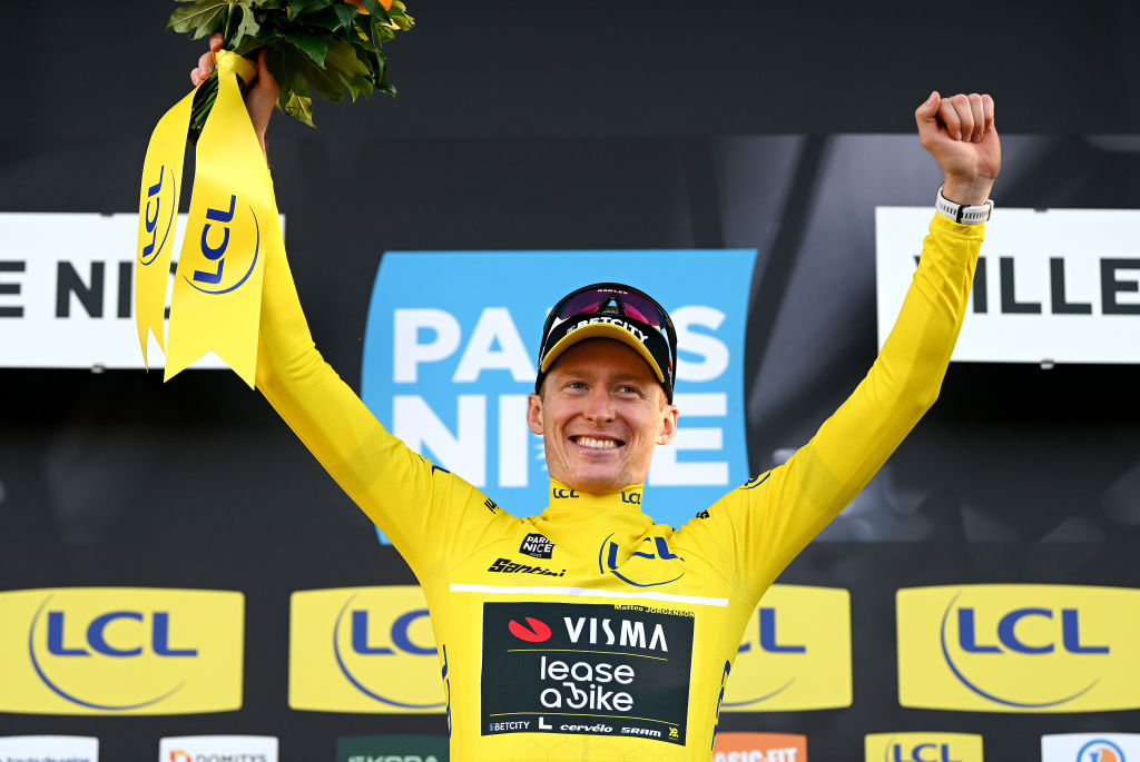 NICE FRANCE MARCH 16 Matteo Jorgenson of The United States and Team Visma Lease A Bike celebrates at podium as Yellow leader jersey winner during the 83rd Paris Nice 2025 Stage 8 a 119km stage from Nice to Nice UCIWT on March 16 2025 in Nice France Photo by Dario BelingheriGetty Images