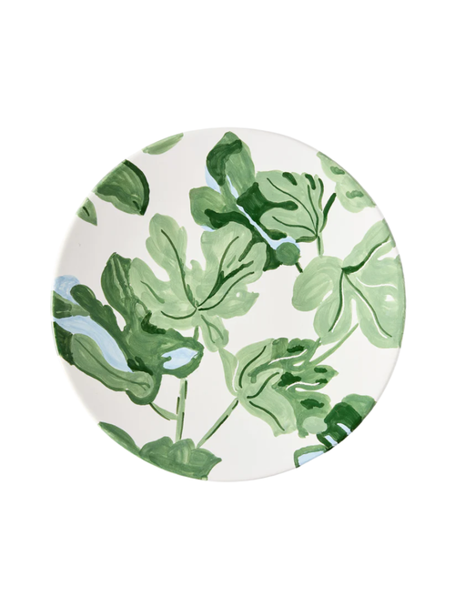 Hand-Painted Green Fig Leaf White Salad Plate