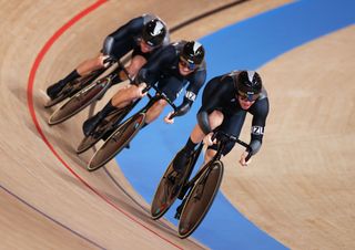 IZU JAPAN AUGUST 03 Ethan Mitchell of Team New Zealand and teammates sprint during the Mens team sprint qualifying of the Track Cycling on day eleven of the Tokyo 2020 Olympic Games at Izu Velodrome on August 03 2021 in Izu Japan Photo by Justin SetterfieldGetty Images