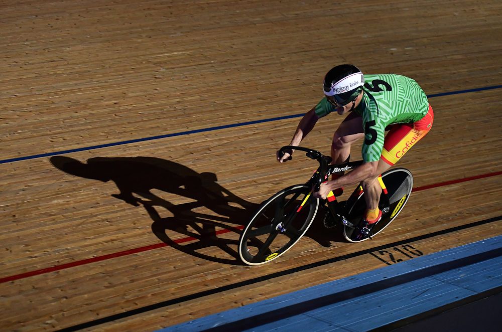 Juan Peralta of Spain competes in the Mens 200m Flying Time Trial on day three of the London Six Day