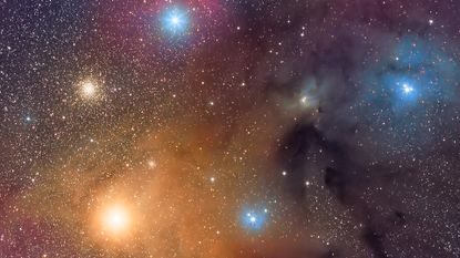 The molecular complex near Rho Ophiuchi and Antares. a Fanastic area of the sky combining emission, reflecting and dark nebulas in the middle of bright stars, multiple stars and globular clusters.