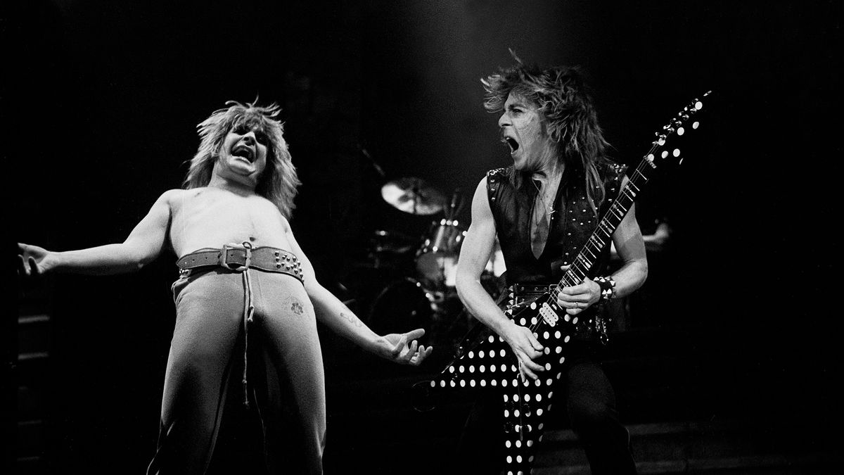 British musician Ozzy Osbourne and American musician Randy Rhodes (1956 - 1982) perform at the Rosemont Horizon, Rosemont, Illinois, January 24, 1982