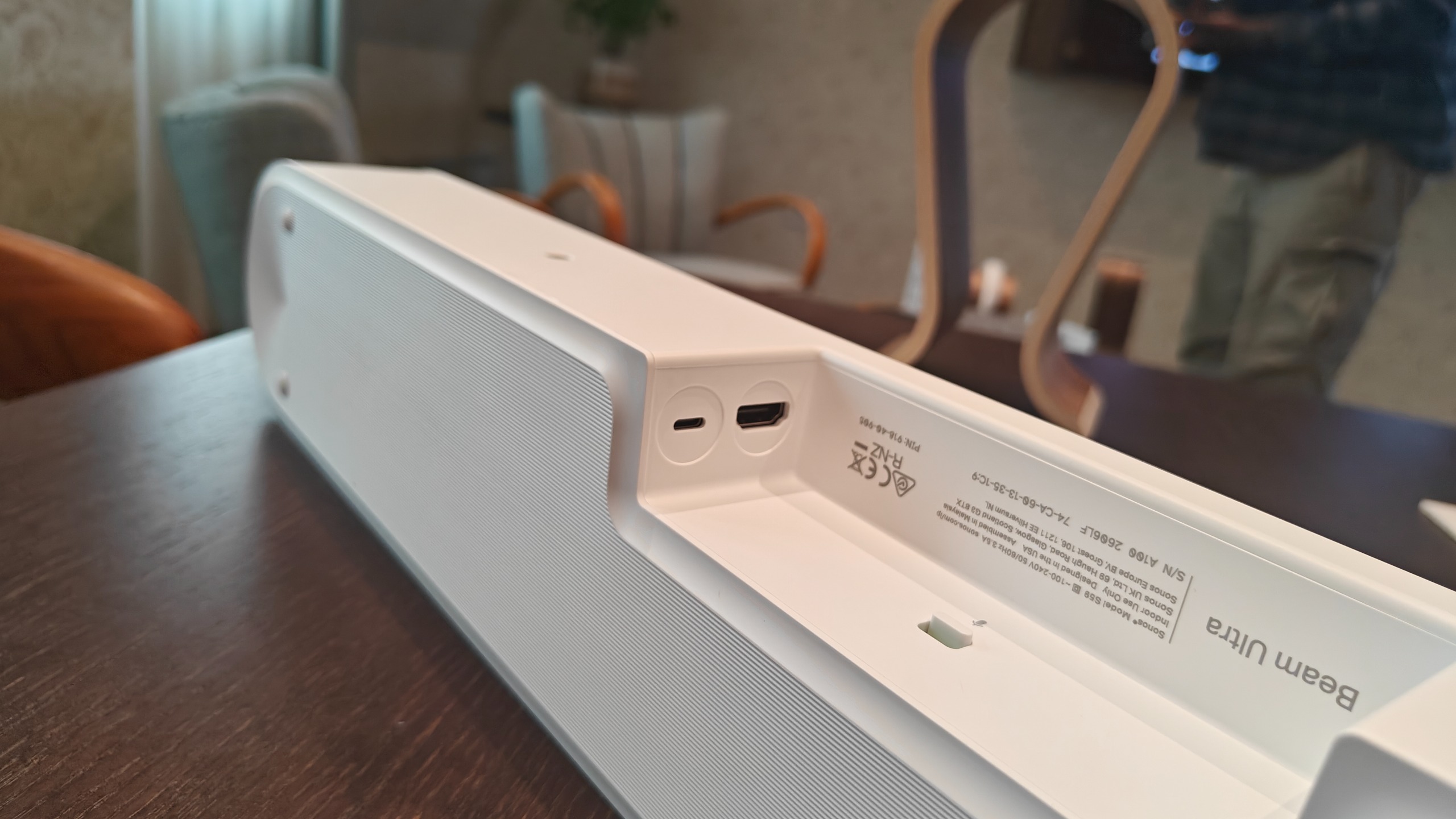 White Sonos Beam Ultra close-up of the HDMI and USB-C port