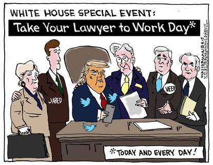 Political cartoon U.S. Trump tweets Russia investigation lawyers