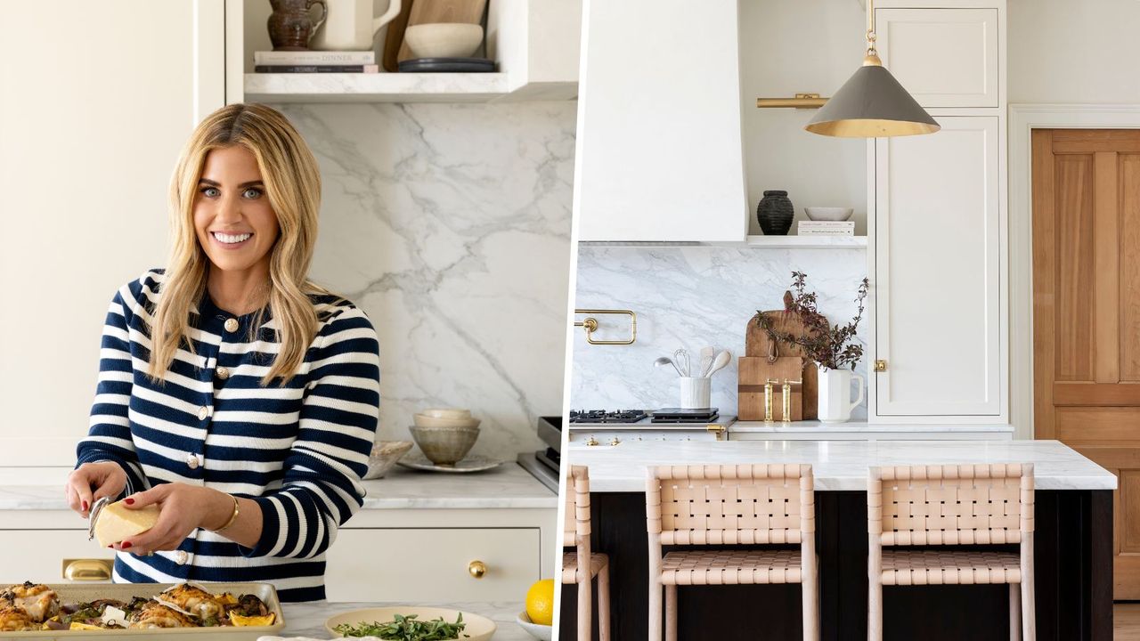 Shea McGee cooking next to an image of her kitchen