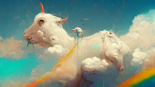 AI art; a weird unicorn cow in a cloud