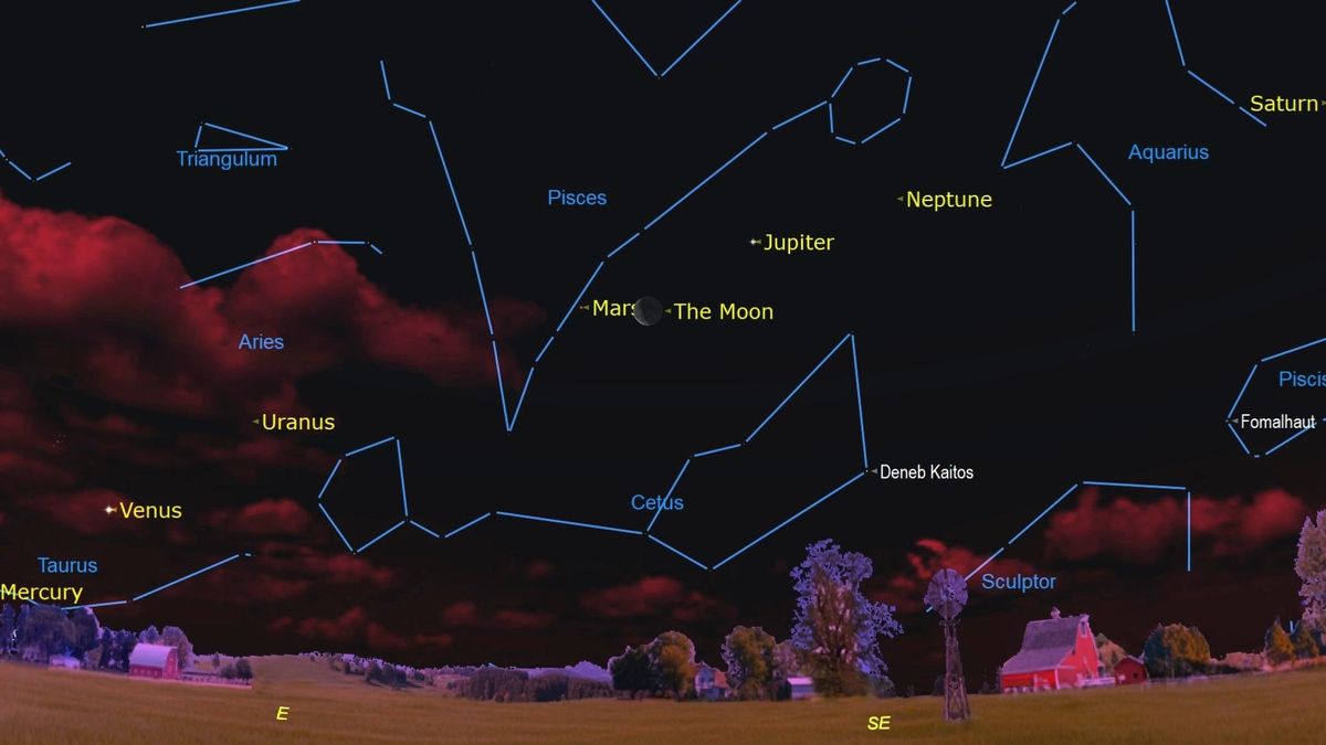 The moon will swing by Mars early Wednesday morning as it continues its planetary tour
