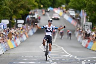 URAIDLA AUSTRALIA JANUARY 23 Javier Romo of Spain and Movistar Team celebrates at finish line as stage winner during the 25th Santos Tour Down Under 2025 Stage 3 a 1475km stage from Norwood to Uraidla 491m UCIWT on January 22 2025 in Uraidla Australia Photo by Dario BelingheriGetty Images