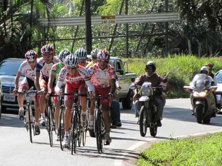 Seven riders slip off the front of the peloton early in the race.