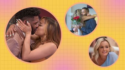 shots of the couples from love is blind season 4 on a yellow and pink gridded background