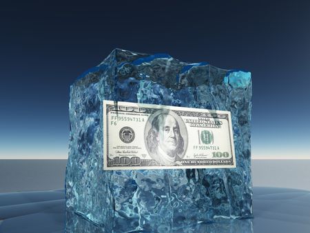 One hundred dollar bill frozen in ice