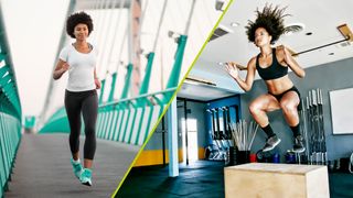 Split immage of a woman running and a woman doing plyometrics, a complementary exercise pairing