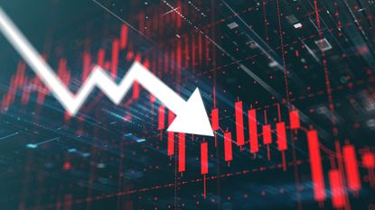 close up of a stock chart with red bars going lower and a white arrow pointing lower superimposed on it