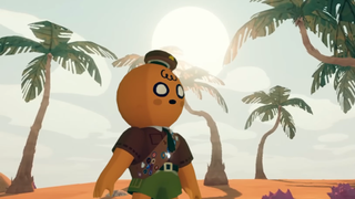 A Peak character stands on the beach with palm trees