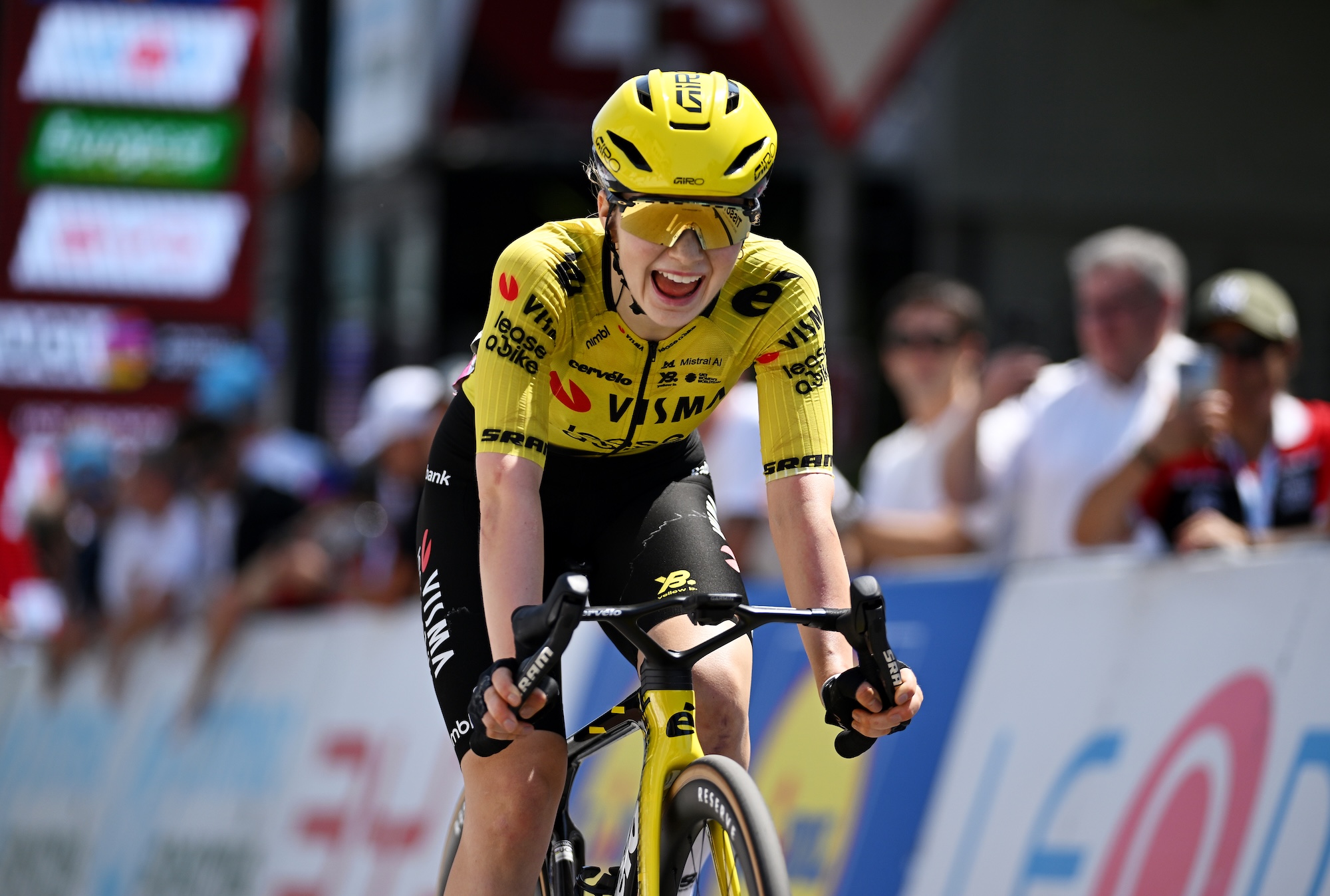 Sarah van Dam of Canada and Team Visma | Lease a Bike crosses the finish line during the 10th Tour de Suisse Women 2026, Stage 2