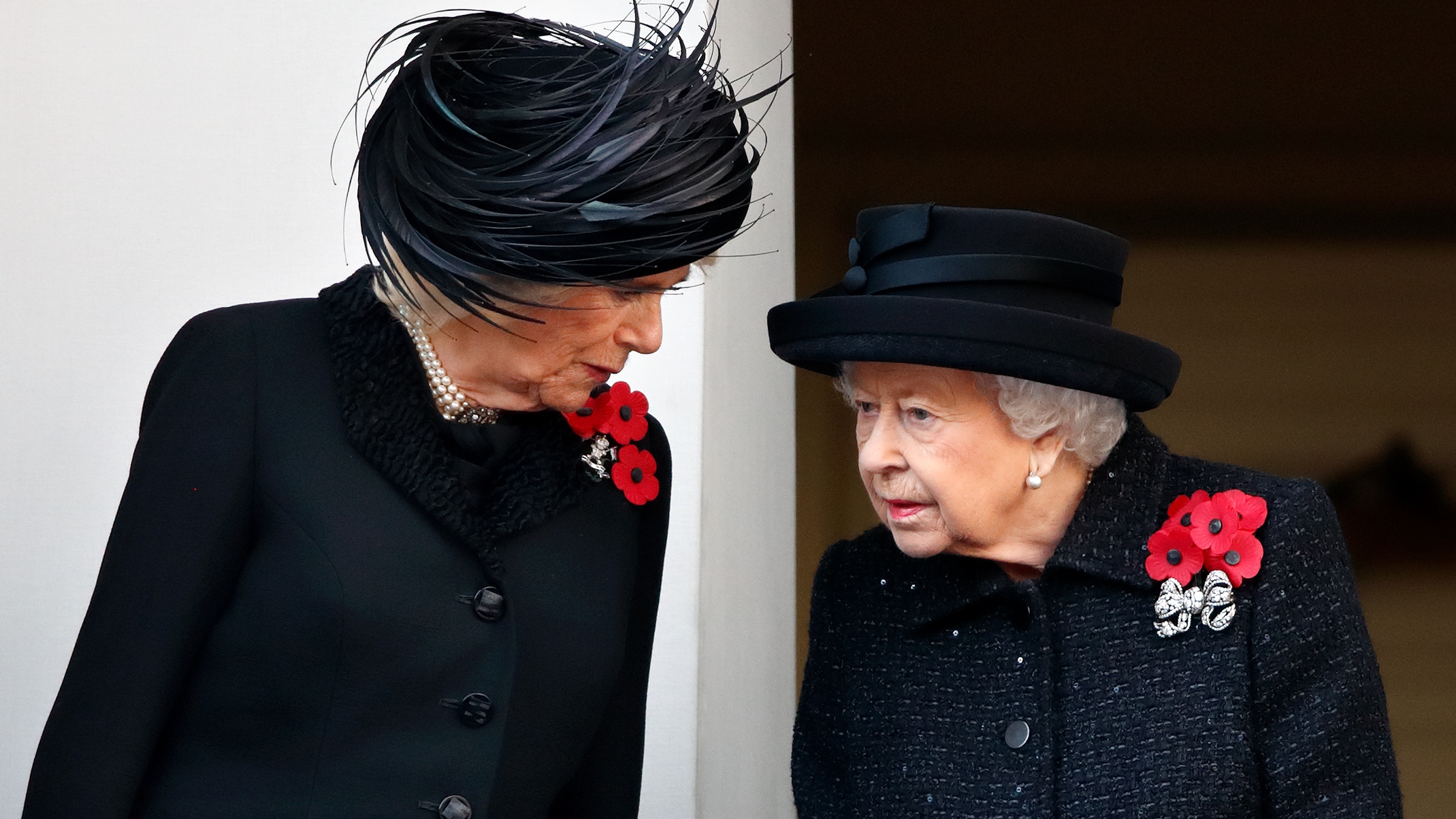 Queen Camilla and Queen Elizabeth II attend the annual Remembrance Sunday service at The Cenotaph on November 10, 2019