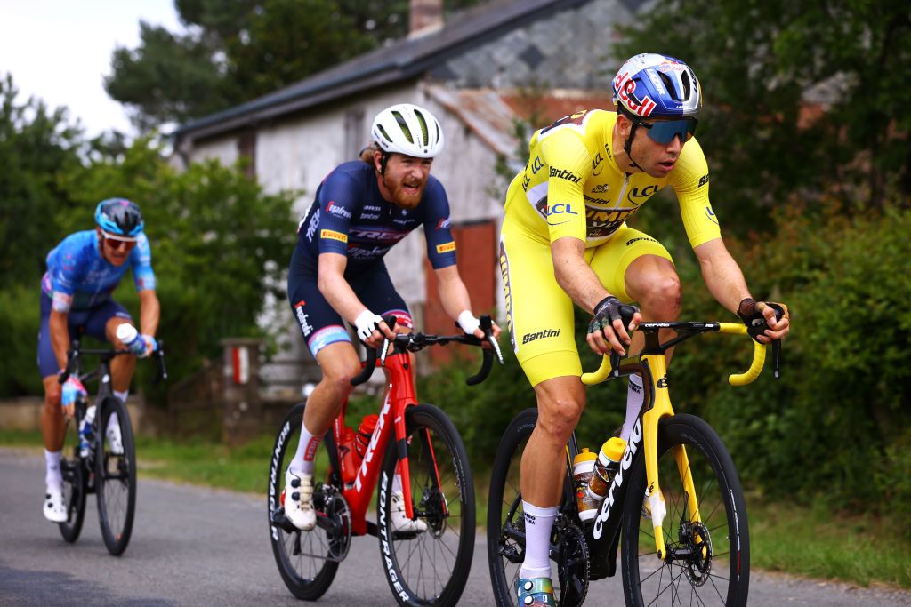 LONGWY FRANCE JULY 07 Wout Van Aert of Belgium and Team Jumbo Visma Yellow Leader Jersey competes in the breakaway during the 109th Tour de France 2022 Stage 6 a 2199km stage from Binche to Longwy 377m TDF2022 WorldTour on July 07 2022 in Longwy France Photo by Michael SteeleGetty Images