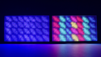 The exposed backlights of two TVs running side by side. On the left, the image is purely white/blue. On the right, there's full colour and a clearer pattern.