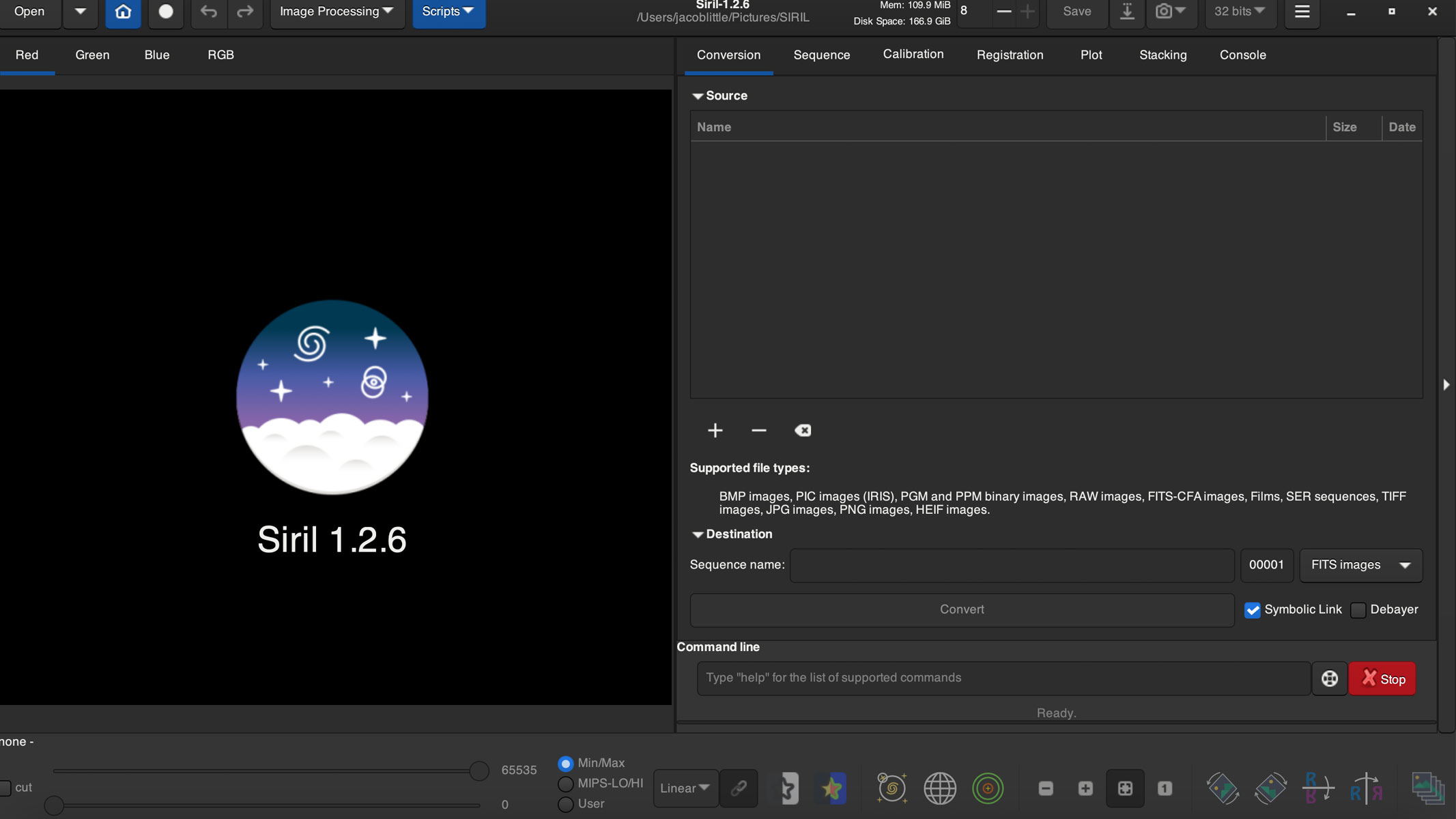 Uma captura de tela da interface do usuário do software Siril.